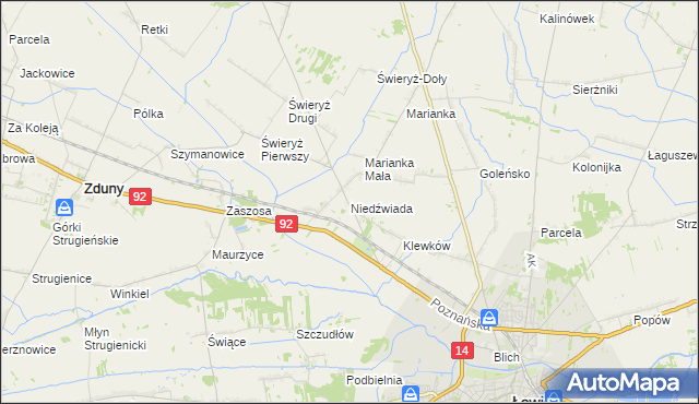 mapa Niedźwiada gmina Łowicz, Niedźwiada gmina Łowicz na mapie Targeo