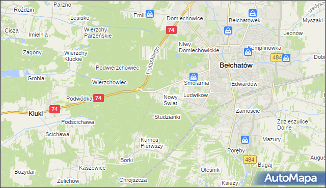 mapa Nowy Świat gmina Bełchatów, Nowy Świat gmina Bełchatów na mapie Targeo