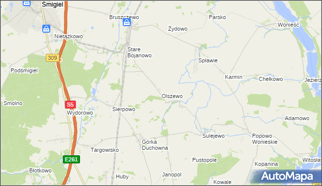 mapa Olszewo gmina Śmigiel, Olszewo gmina Śmigiel na mapie Targeo