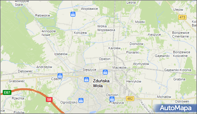 mapa Opiesin gmina Zduńska Wola, Opiesin gmina Zduńska Wola na mapie Targeo