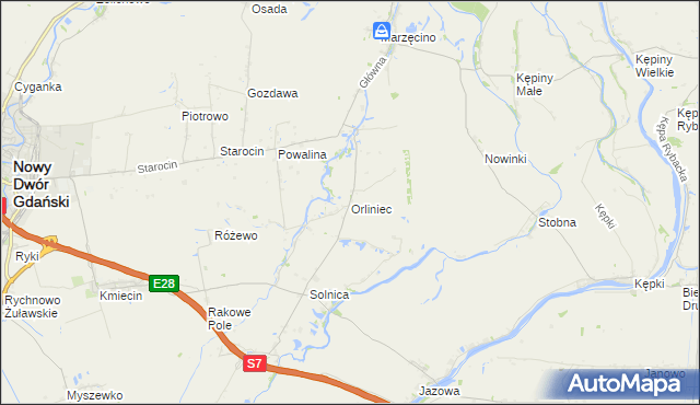 mapa Orliniec gmina Nowy Dwór Gdański, Orliniec gmina Nowy Dwór Gdański na mapie Targeo