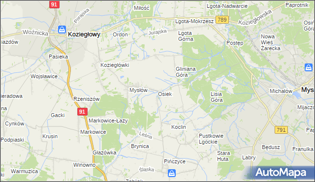 mapa Osiek gmina Koziegłowy, Osiek gmina Koziegłowy na mapie Targeo