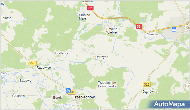 mapa Ostrzyce gmina Trzebiechów, Ostrzyce gmina Trzebiechów na mapie Targeo