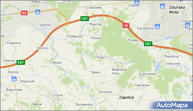 mapa Piaski gmina Zduńska Wola, Piaski gmina Zduńska Wola na mapie Targeo