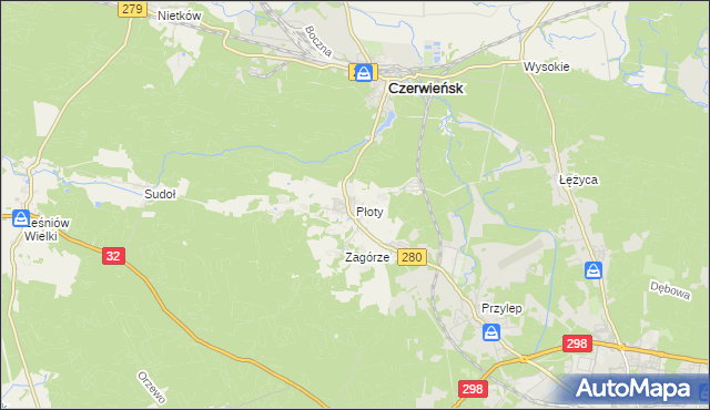 mapa Płoty gmina Czerwieńsk, Płoty gmina Czerwieńsk na mapie Targeo