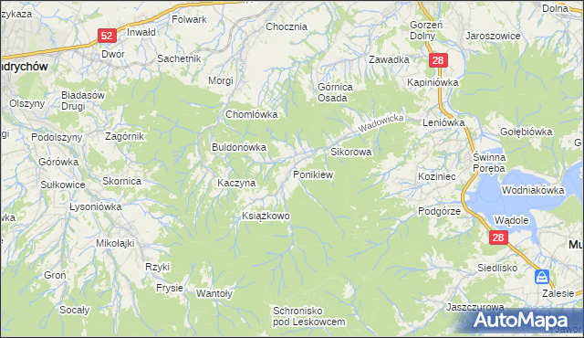 mapa Ponikiew gmina Wadowice, Ponikiew gmina Wadowice na mapie Targeo