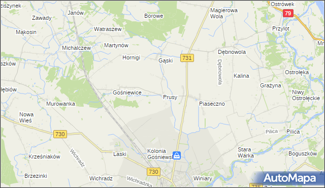 mapa Prusy gmina Warka, Prusy gmina Warka na mapie Targeo