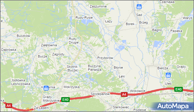 mapa Przyborów gmina Borzęcin, Przyborów gmina Borzęcin na mapie Targeo