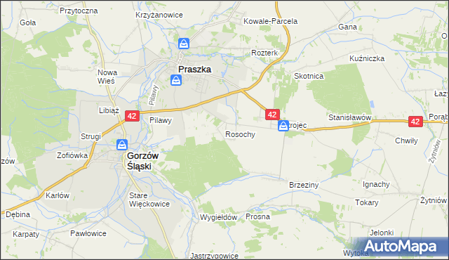 mapa Rosochy gmina Praszka, Rosochy gmina Praszka na mapie Targeo