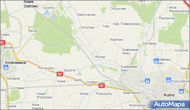 mapa Ryków gmina Kutno, Ryków gmina Kutno na mapie Targeo