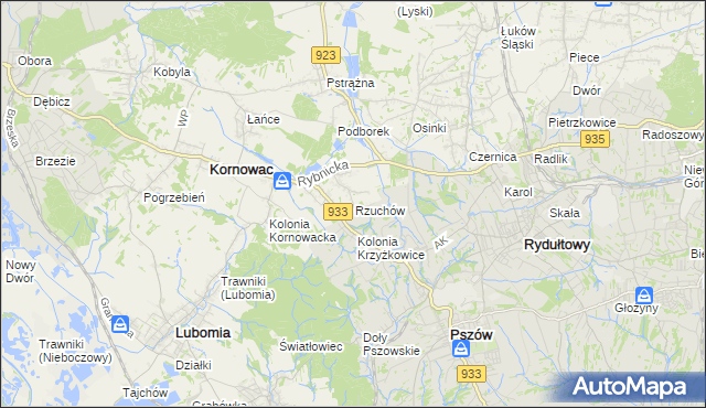 mapa Rzuchów gmina Kornowac, Rzuchów gmina Kornowac na mapie Targeo