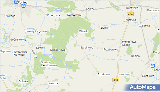 mapa Sarbinowo gmina Poniec, Sarbinowo gmina Poniec na mapie Targeo