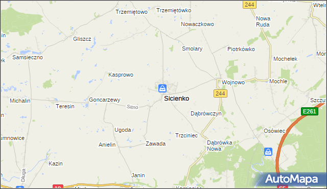 mapa Sicienko powiat bydgoski, Sicienko powiat bydgoski na mapie Targeo