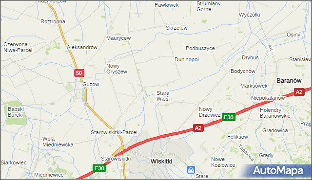 mapa Stara Wieś gmina Wiskitki, Stara Wieś gmina Wiskitki na mapie Targeo