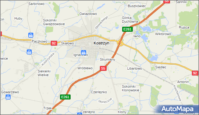 mapa Strumiany gmina Kostrzyn, Strumiany gmina Kostrzyn na mapie Targeo