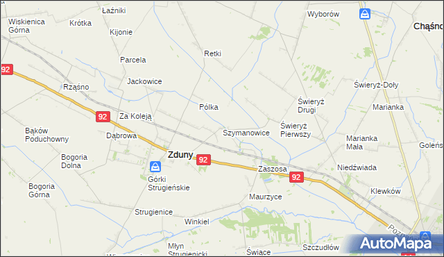 mapa Szymanowice gmina Zduny, Szymanowice gmina Zduny na mapie Targeo