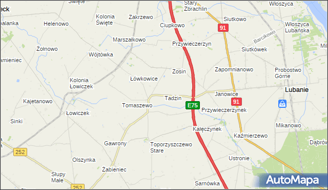 mapa Tadzin gmina Lubanie, Tadzin gmina Lubanie na mapie Targeo