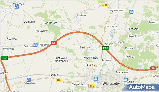 mapa Teklinów gmina Wieruszów, Teklinów gmina Wieruszów na mapie Targeo