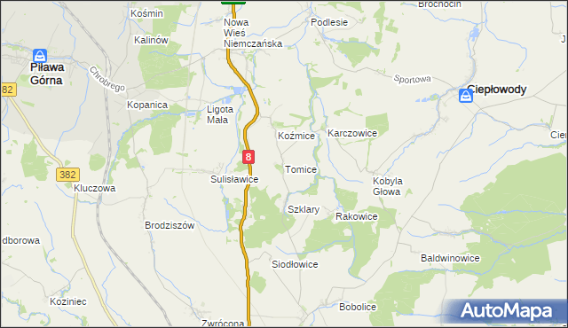 mapa Tomice gmina Ciepłowody, Tomice gmina Ciepłowody na mapie Targeo