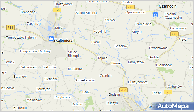 mapa Topola gmina Skalbmierz, Topola gmina Skalbmierz na mapie Targeo