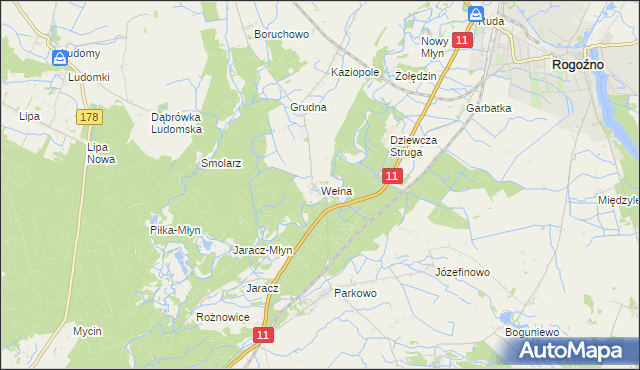 mapa Wełna gmina Rogoźno, Wełna gmina Rogoźno na mapie Targeo