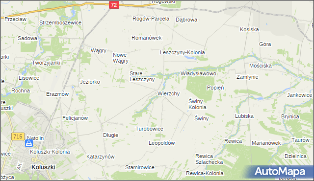 mapa Wierzchy gmina Koluszki, Wierzchy gmina Koluszki na mapie Targeo