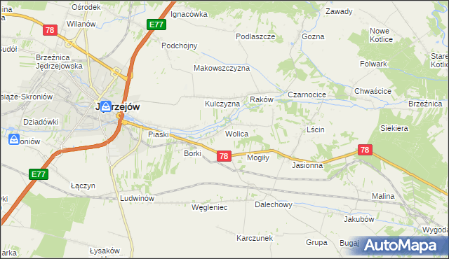 mapa Wolica gmina Jędrzejów, Wolica gmina Jędrzejów na mapie Targeo