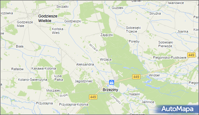 mapa Wrząca gmina Brzeziny, Wrząca gmina Brzeziny na mapie Targeo