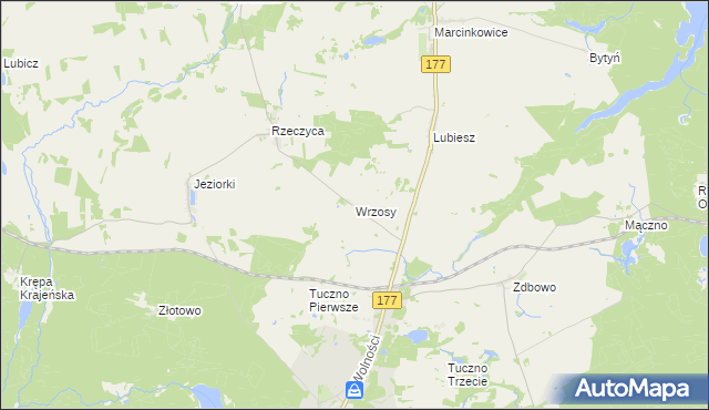 mapa Wrzosy gmina Tuczno, Wrzosy gmina Tuczno na mapie Targeo