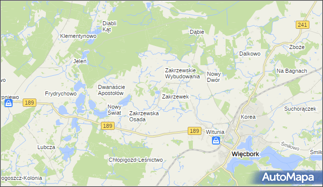 mapa Zakrzewek gmina Więcbork, Zakrzewek gmina Więcbork na mapie Targeo