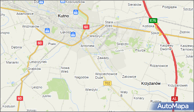 mapa Zawady gmina Krzyżanów, Zawady gmina Krzyżanów na mapie Targeo