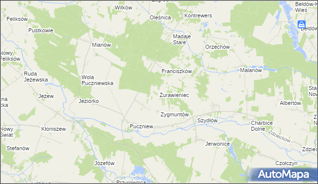 mapa Żurawieniec gmina Lutomiersk, Żurawieniec gmina Lutomiersk na mapie Targeo