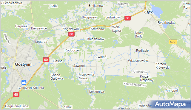 mapa Zwoleń gmina Gostynin, Zwoleń gmina Gostynin na mapie Targeo