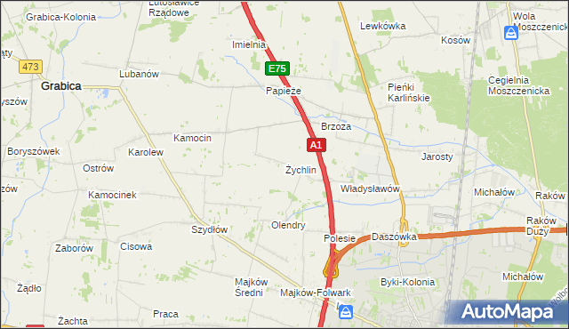 mapa Żychlin gmina Grabica, Żychlin gmina Grabica na mapie Targeo