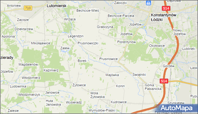 mapa Prusinowice gmina Lutomiersk, Prusinowice gmina Lutomiersk na mapie Targeo