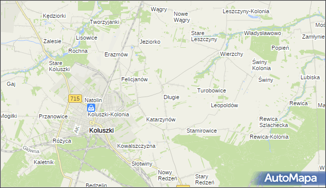 mapa Długie gmina Koluszki, Długie gmina Koluszki na mapie Targeo