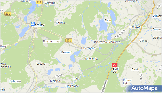 mapa Dzierżążno gmina Kartuzy, Dzierżążno gmina Kartuzy na mapie Targeo