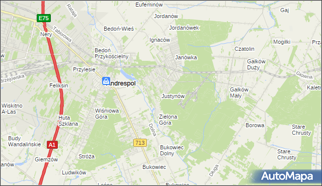 mapa Justynów gmina Andrespol, Justynów gmina Andrespol na mapie Targeo