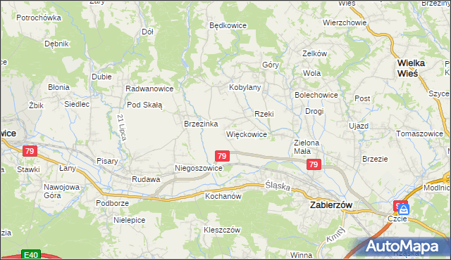 mapa Więckowice gmina Zabierzów, Więckowice gmina Zabierzów na mapie Targeo