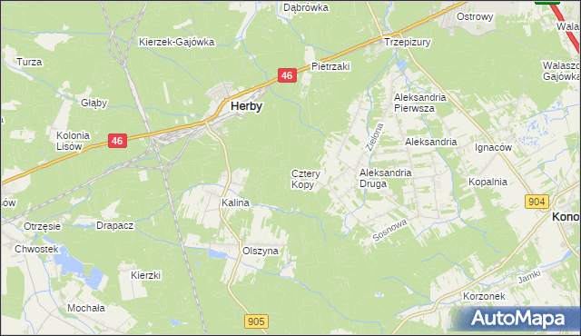 mapa Cztery Kopy gmina Herby, Cztery Kopy gmina Herby na mapie Targeo