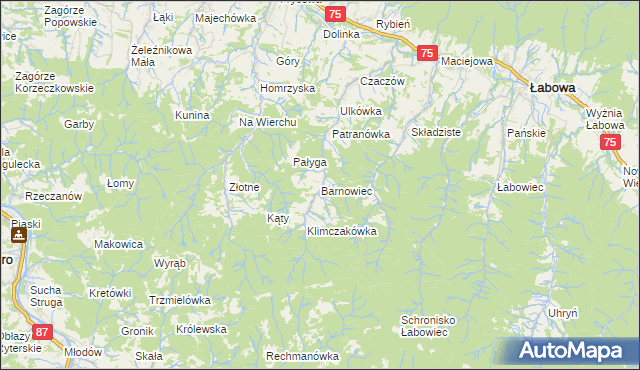 mapa Barnowiec gmina Łabowa, Barnowiec gmina Łabowa na mapie Targeo