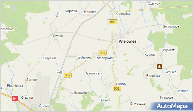 mapa Błażejowice gmina Wielowieś, Błażejowice gmina Wielowieś na mapie Targeo