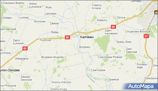 mapa Byszewo gmina Karniewo, Byszewo gmina Karniewo na mapie Targeo