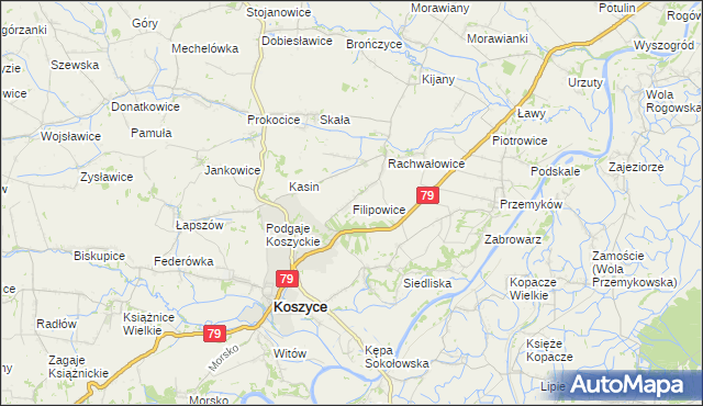 mapa Filipowice gmina Koszyce, Filipowice gmina Koszyce na mapie Targeo