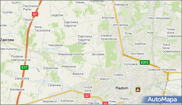 mapa Janiszew gmina Zakrzew, Janiszew gmina Zakrzew na mapie Targeo