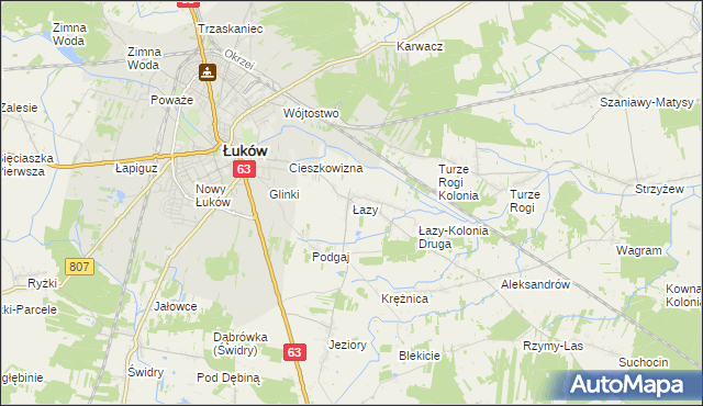 mapa Łazy gmina Łuków, Łazy gmina Łuków na mapie Targeo