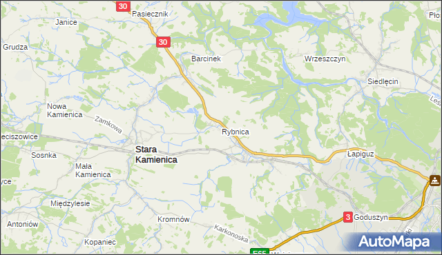 mapa Rybnica gmina Stara Kamienica, Rybnica gmina Stara Kamienica na mapie Targeo