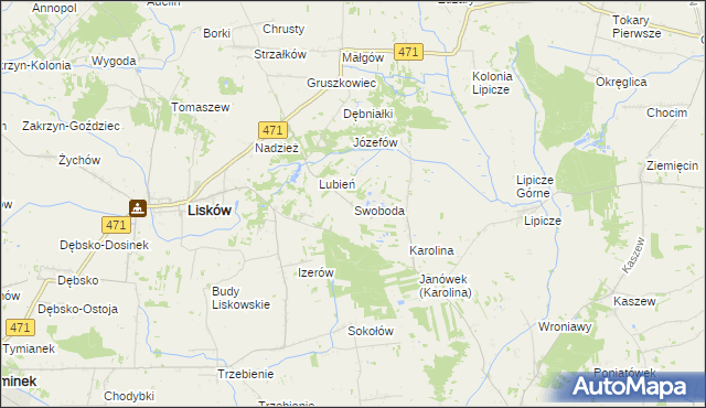 mapa Swoboda gmina Lisków, Swoboda gmina Lisków na mapie Targeo