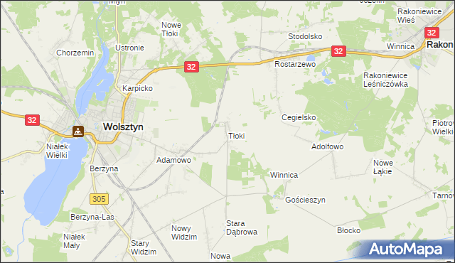 mapa Tłoki gmina Wolsztyn, Tłoki gmina Wolsztyn na mapie Targeo