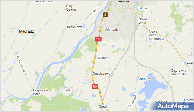 mapa Wielbark gmina Malbork, Wielbark gmina Malbork na mapie Targeo